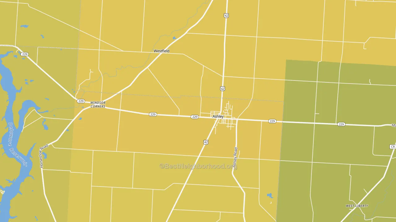 Map of the best neighborhoods in the 43003 area, with better matches in green and worse matches in red