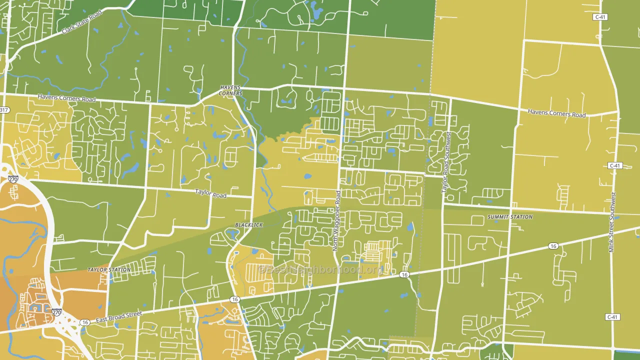 Map of the best neighborhoods in the 43004 area, with better matches in green and worse matches in red