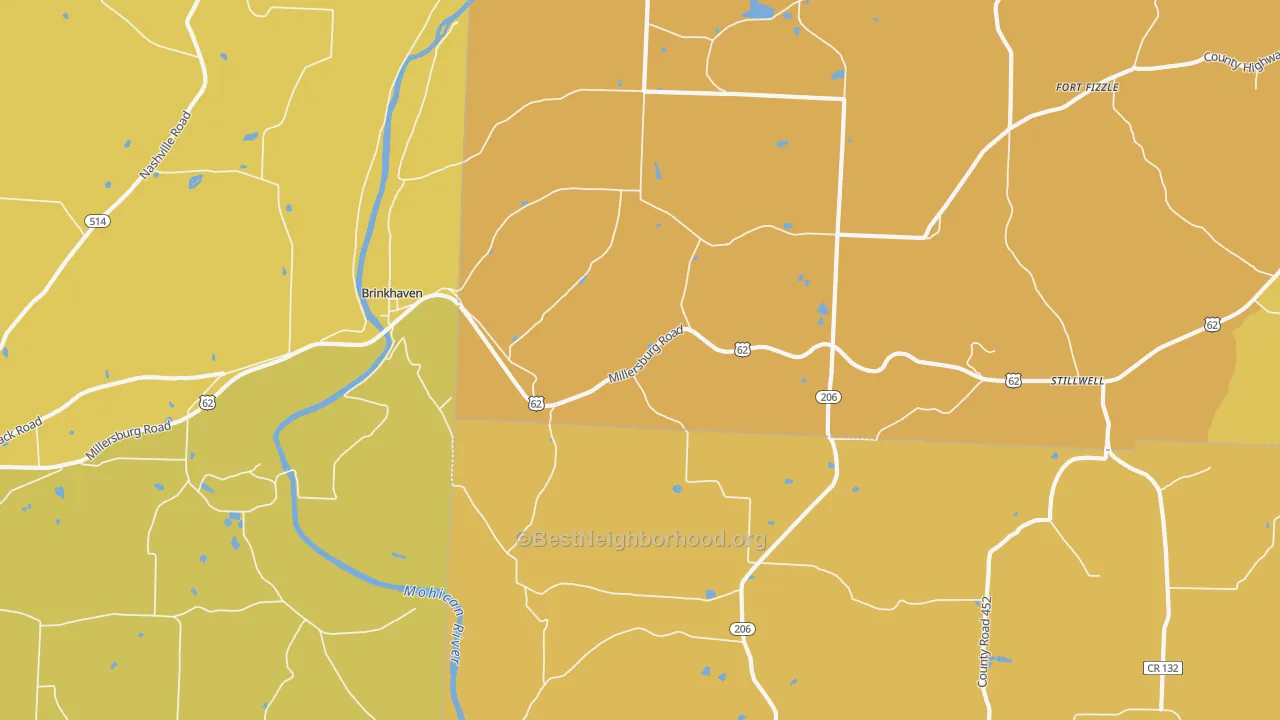 Map of the best neighborhoods in the 43006 area, with better matches in green and worse matches in red