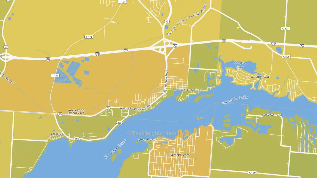 Map of the best neighborhoods in the 43008 area, with better matches in green and worse matches in red