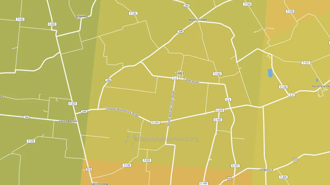 Map of the best neighborhoods in the 43009 area, with better matches in green and worse matches in red
