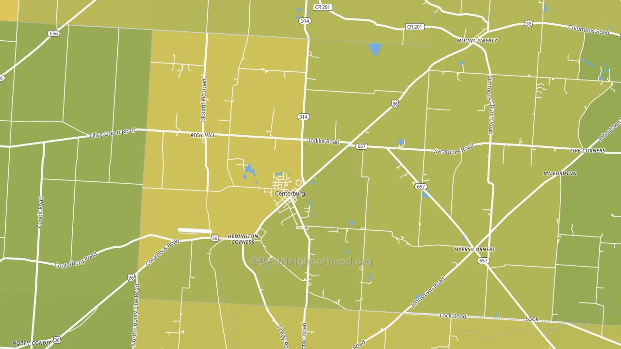 Map of the best neighborhoods in the 43011 area, with better matches in green and worse matches in red