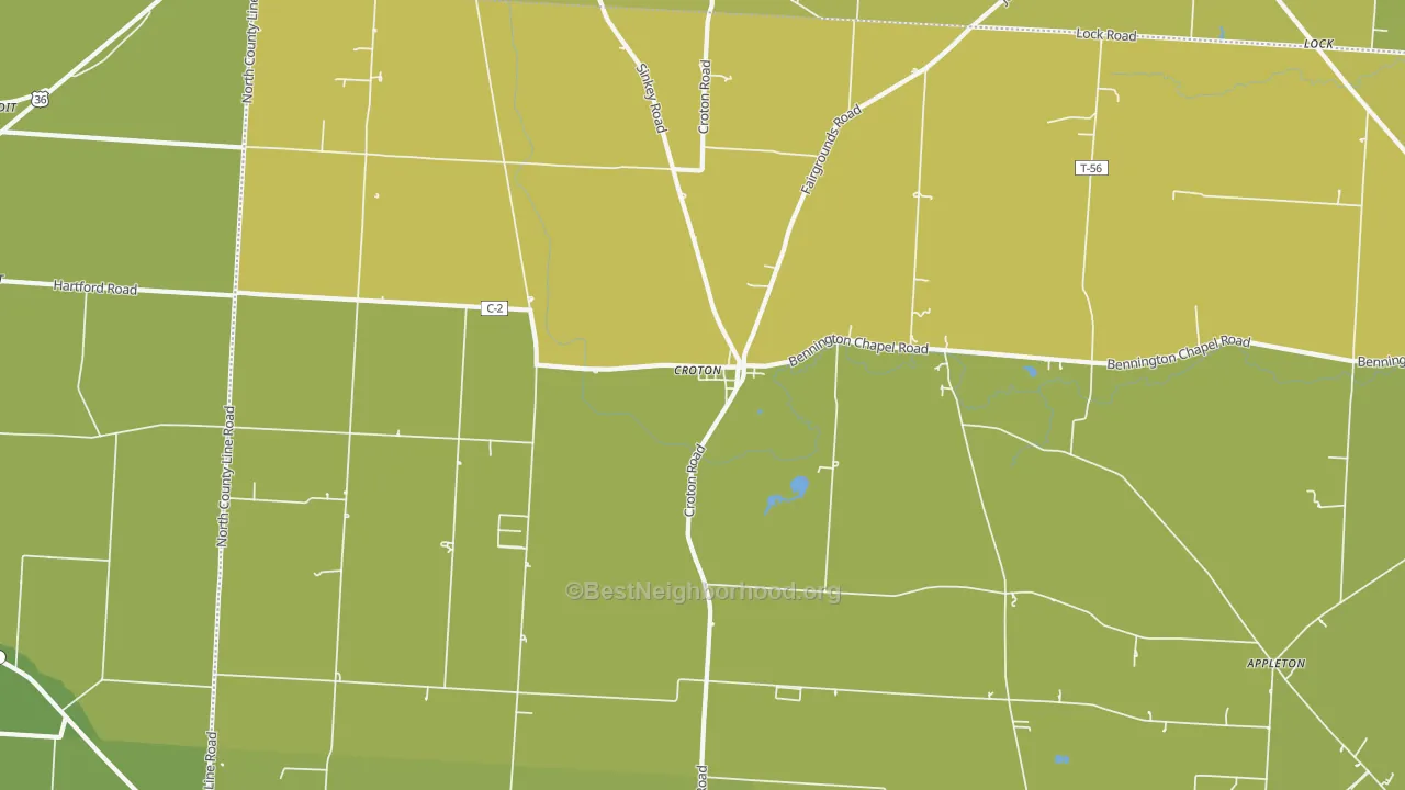 Map of the best neighborhoods in the 43013 area, with better matches in green and worse matches in red