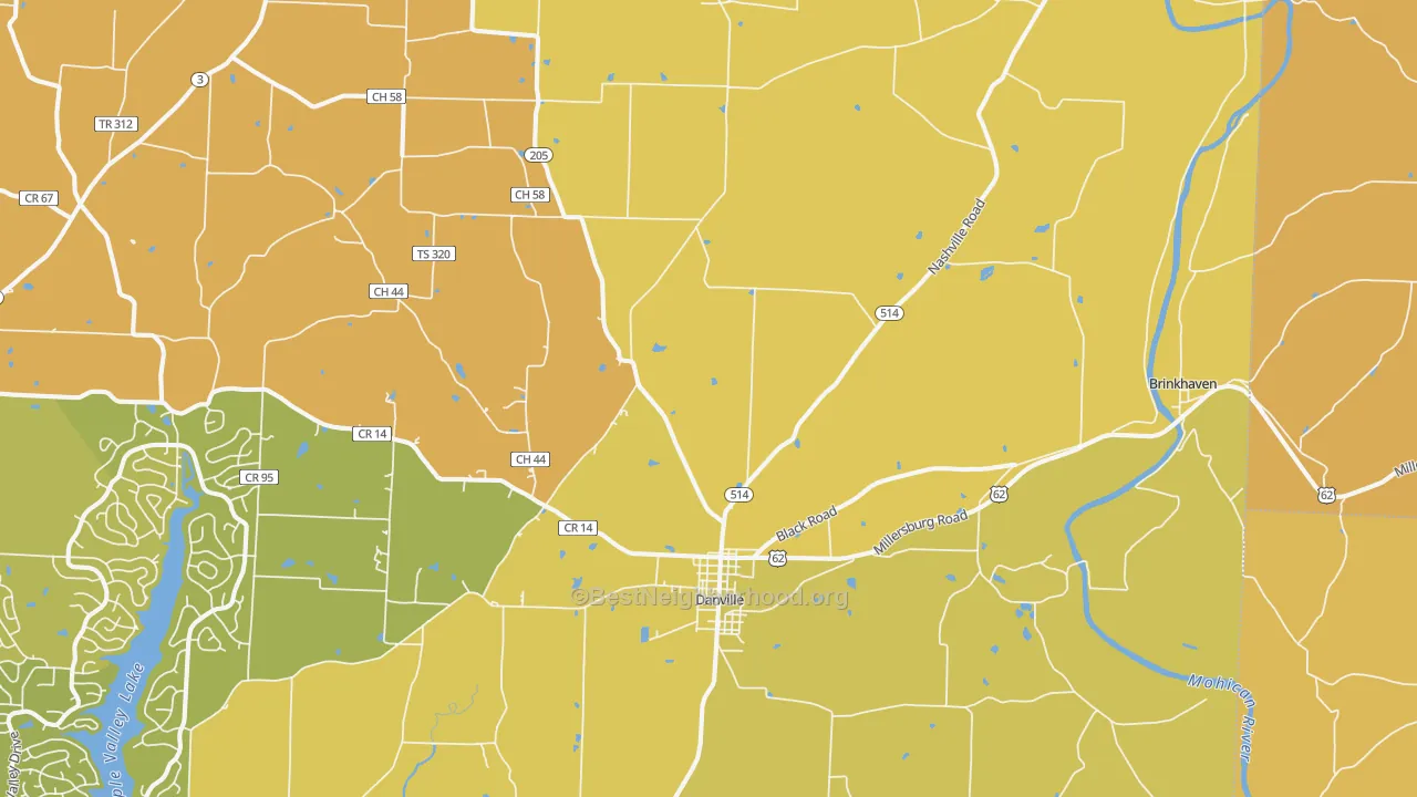 Map of the best neighborhoods in the 43014 area, with better matches in green and worse matches in red