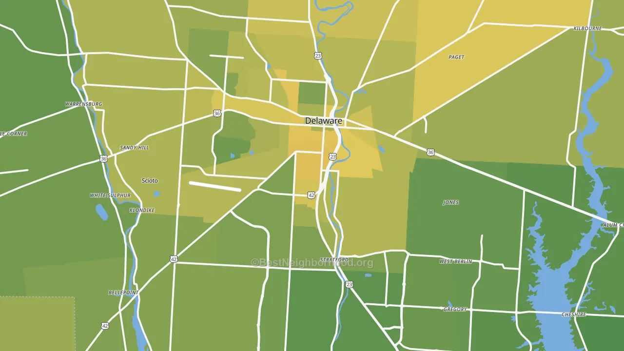 Map of the best neighborhoods in the 43015 area, with better matches in green and worse matches in red
