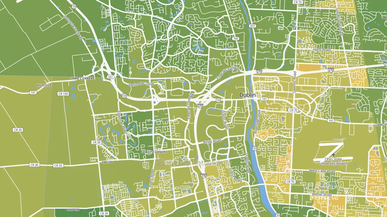 Map of the best neighborhoods in the 43016 area, with better matches in green and worse matches in red