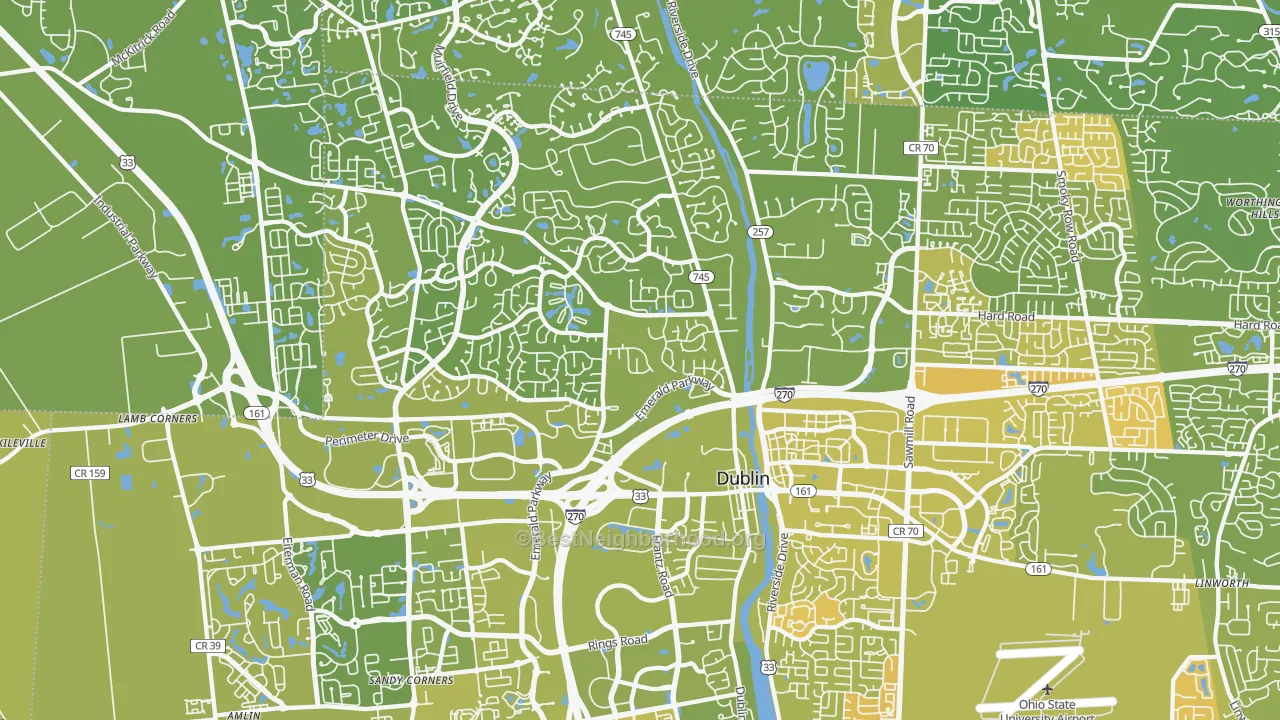 Map of the best neighborhoods in the 43017 area, with better matches in green and worse matches in red