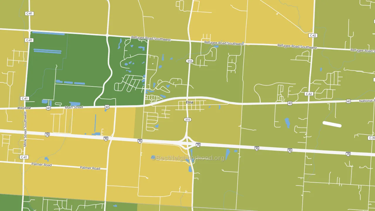 Map of the best neighborhoods in the 43018 area, with better matches in green and worse matches in red