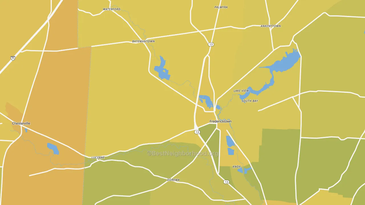 Map of the best neighborhoods in the 43019 area, with better matches in green and worse matches in red