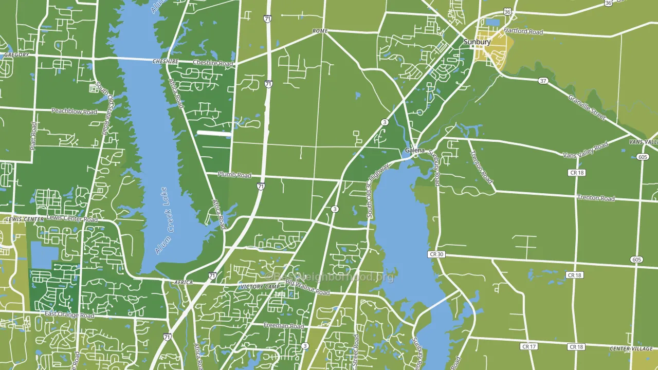 Map of the best neighborhoods in the 43021 area, with better matches in green and worse matches in red
