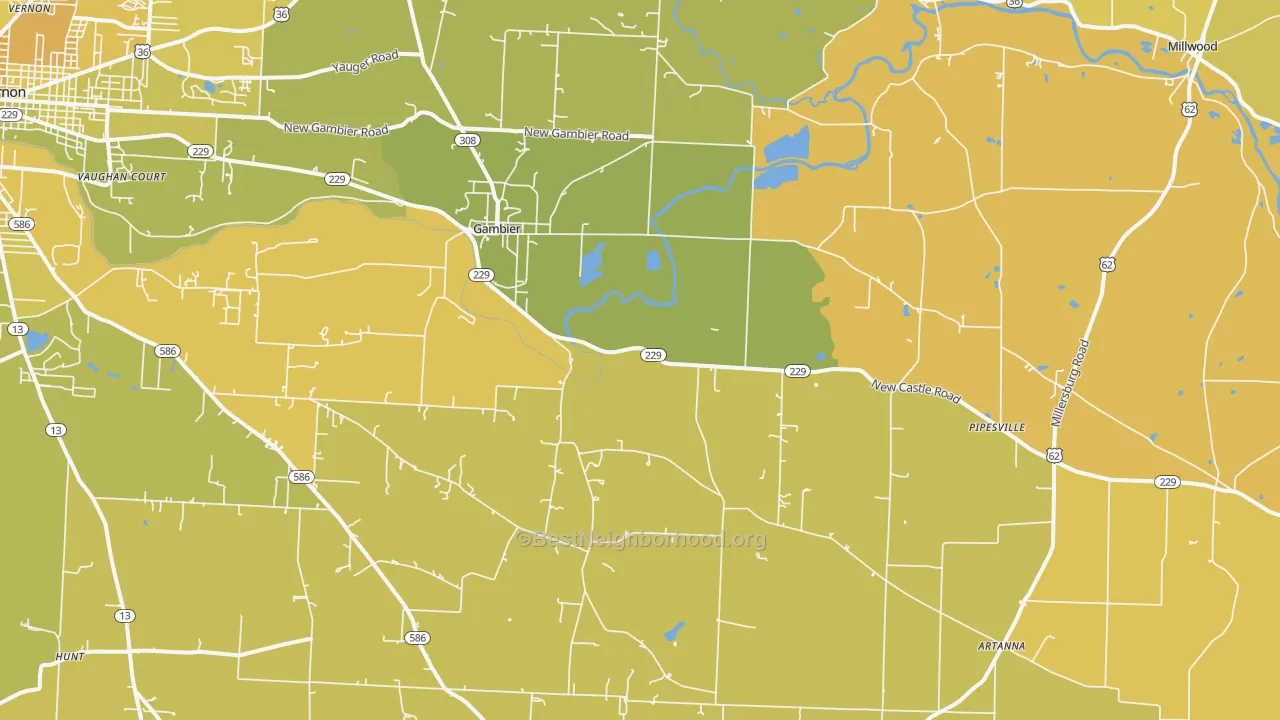 Map of the best neighborhoods in the 43022 area, with better matches in green and worse matches in red