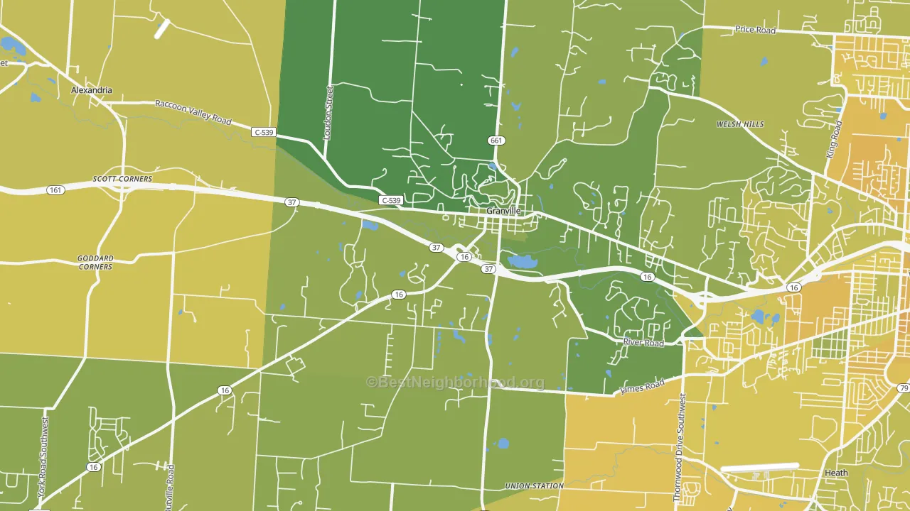 Map of the best neighborhoods in the 43023 area, with better matches in green and worse matches in red