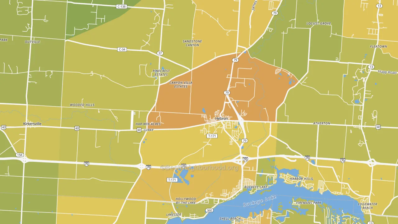 Map of the best neighborhoods in the 43025 area, with better matches in green and worse matches in red