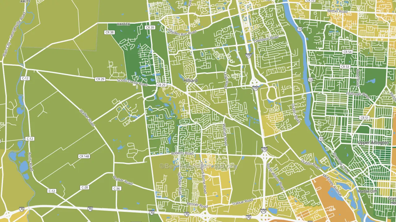 Map of the best neighborhoods in the 43026 area, with better matches in green and worse matches in red