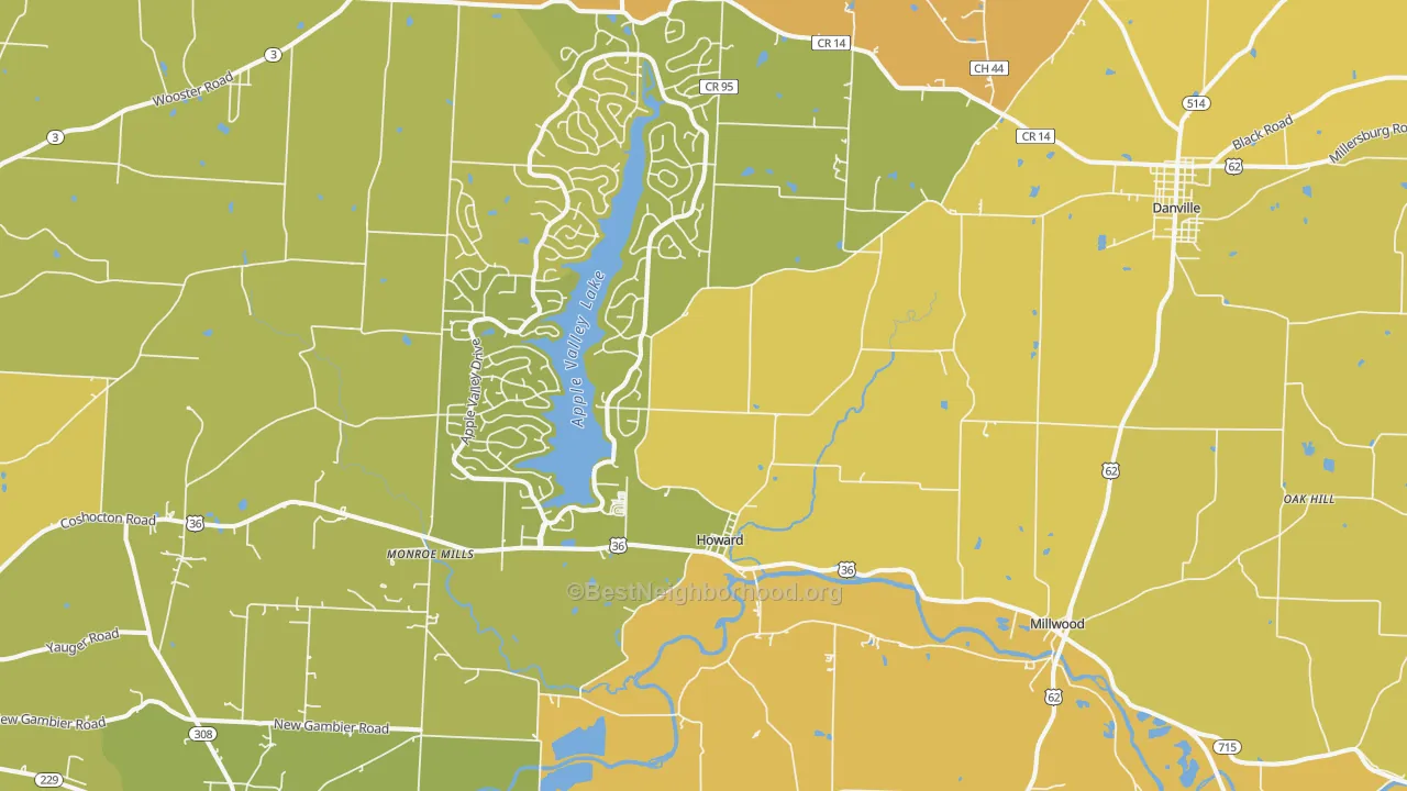 Map of the best neighborhoods in the 43028 area, with better matches in green and worse matches in red