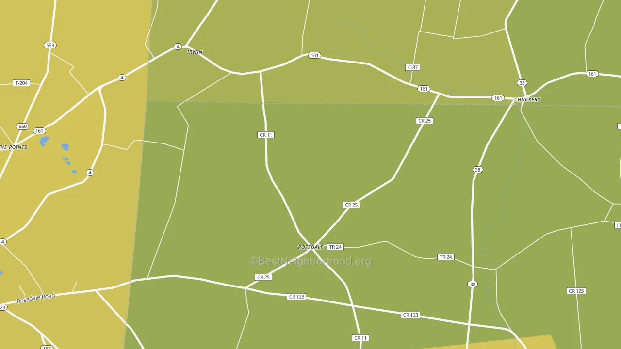 Map of the best neighborhoods in the 43029 area, with better matches in green and worse matches in red