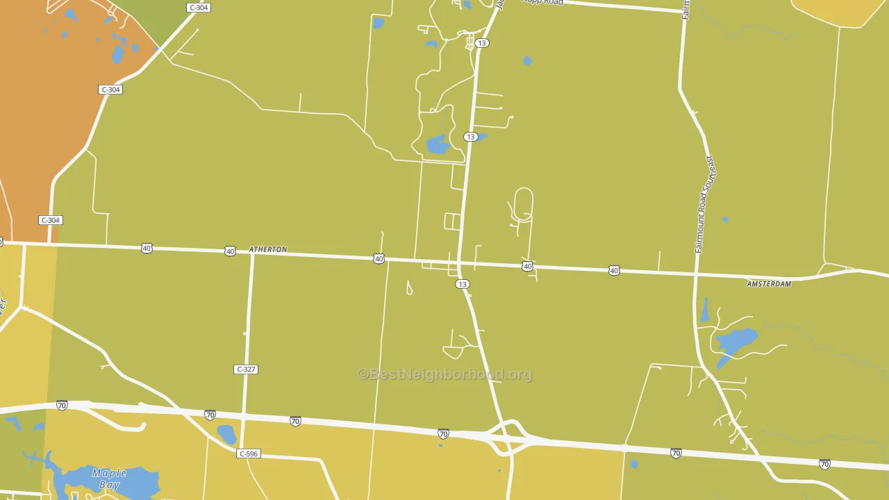 Map of the best neighborhoods in the 43030 area, with better matches in green and worse matches in red