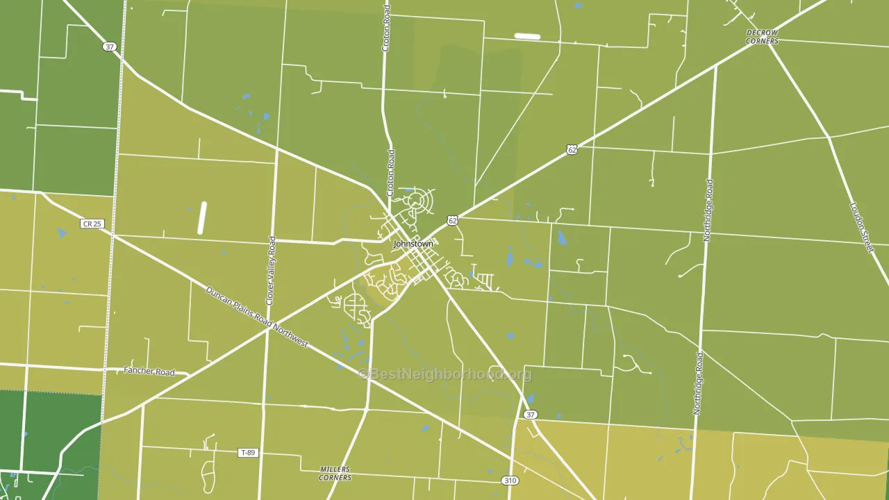 Map of the best neighborhoods in the 43031 area, with better matches in green and worse matches in red