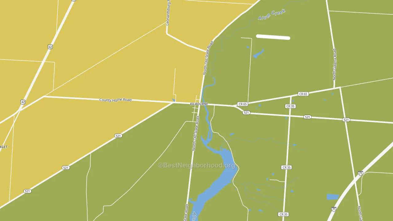 Map of the best neighborhoods in the 43032 area, with better matches in green and worse matches in red
