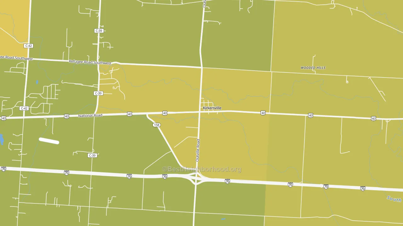 Map of the best neighborhoods in the 43033 area, with better matches in green and worse matches in red
