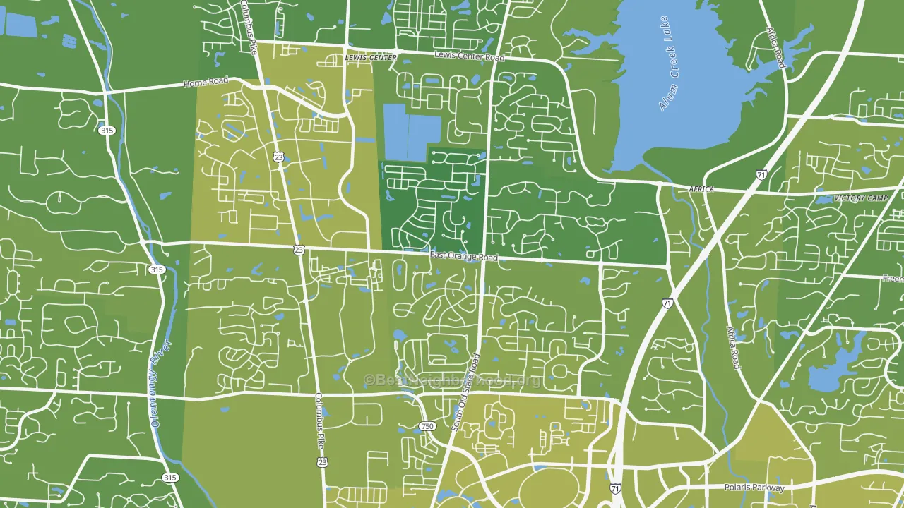 Map of the best neighborhoods in the 43035 area, with better matches in green and worse matches in red