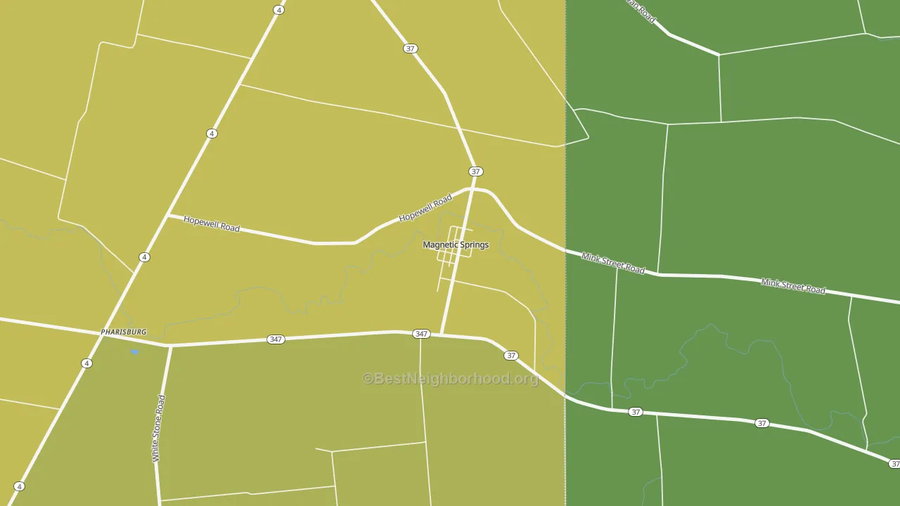 Map of the best neighborhoods in the 43036 area, with better matches in green and worse matches in red