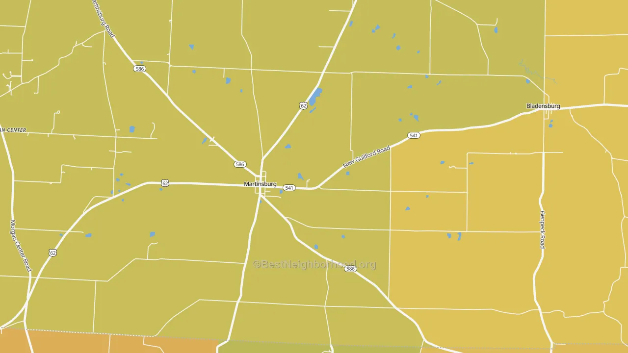 Map of the best neighborhoods in the 43037 area, with better matches in green and worse matches in red