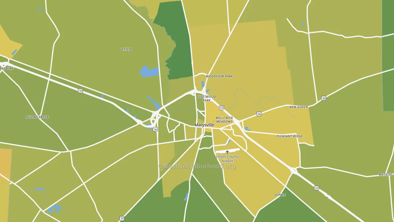 Map of the best neighborhoods in the 43040 area, with better matches in green and worse matches in red
