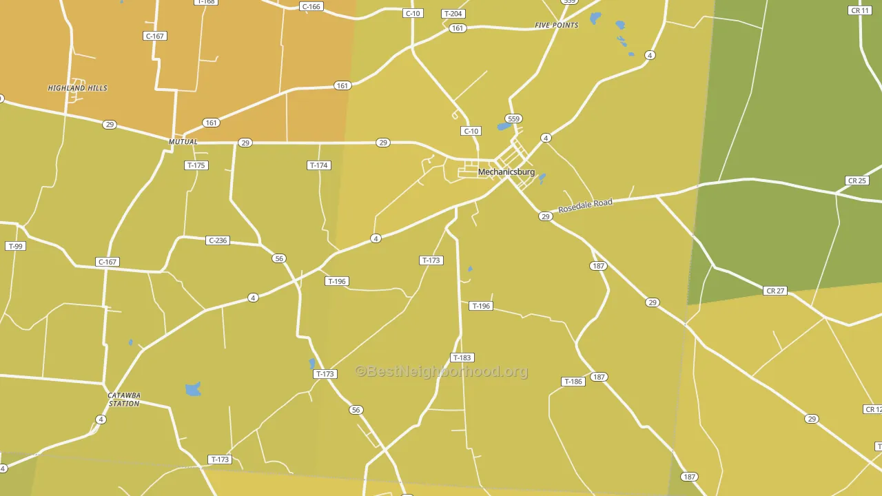 Map of the best neighborhoods in the 43044 area, with better matches in green and worse matches in red