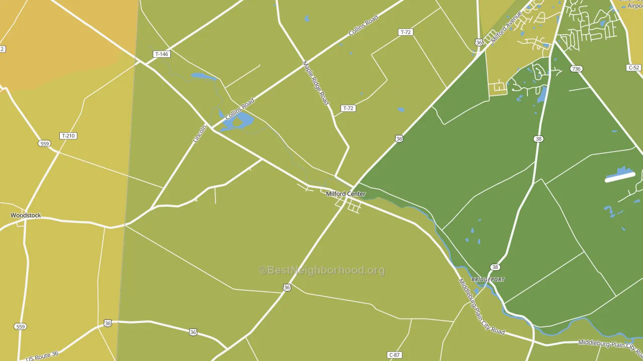 Map of the best neighborhoods in the 43045 area, with better matches in green and worse matches in red