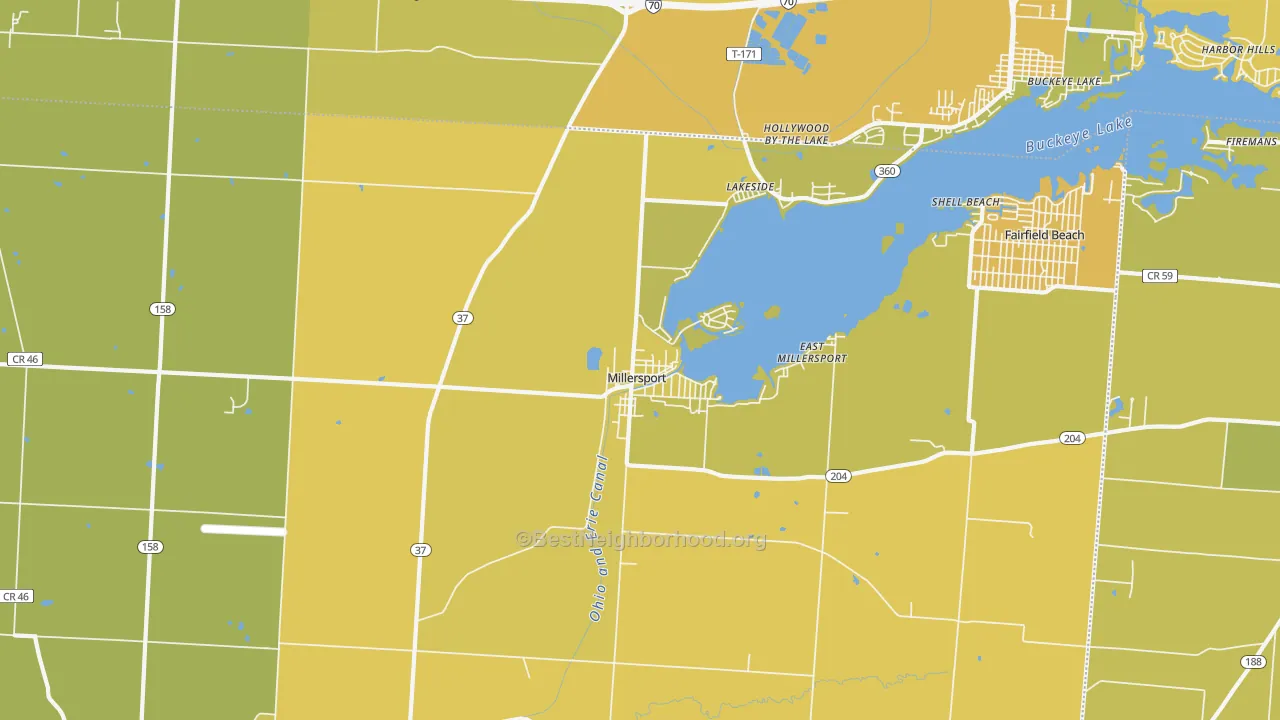 Map of the best neighborhoods in the 43046 area, with better matches in green and worse matches in red
