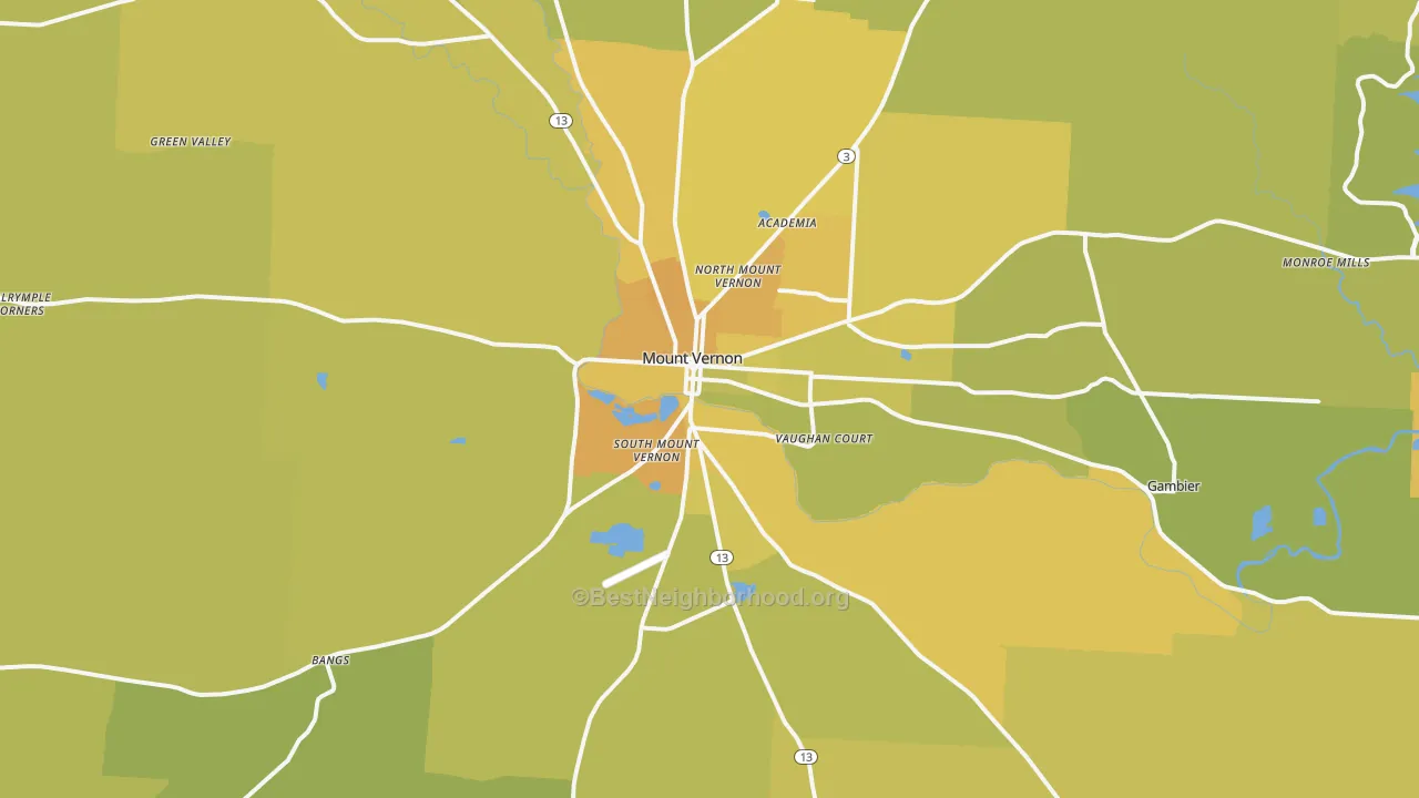 Map of the best neighborhoods in the 43050 area, with better matches in green and worse matches in red