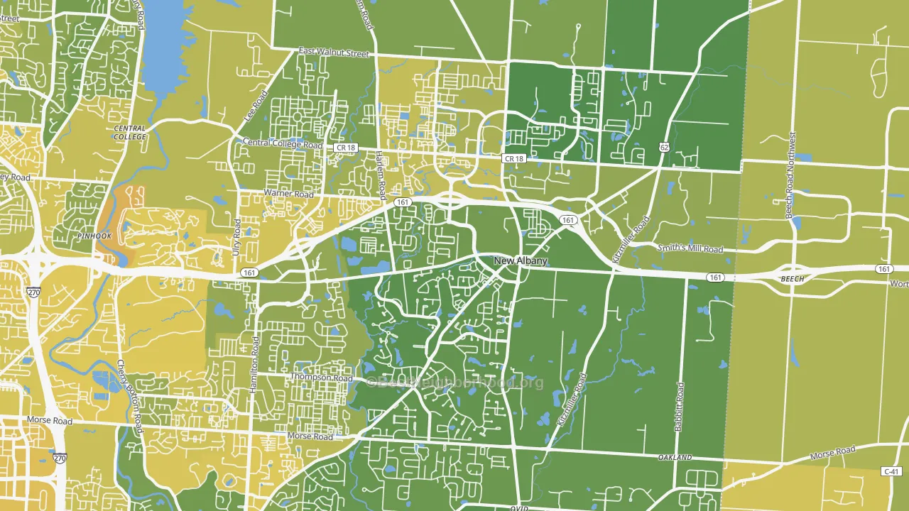 Map of the best neighborhoods in the 43054 area, with better matches in green and worse matches in red