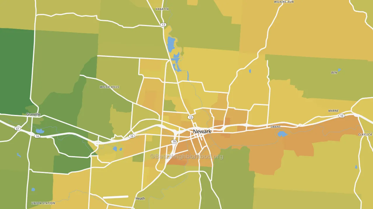 Map of the best neighborhoods in the 43055 area, with better matches in green and worse matches in red
