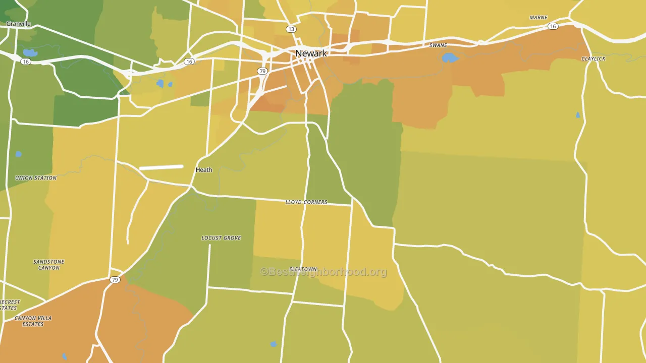 Map of the best neighborhoods in the 43056 area, with better matches in green and worse matches in red
