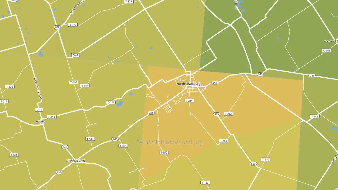 Map of the best neighborhoods in the 43060 area, with better matches in green and worse matches in red