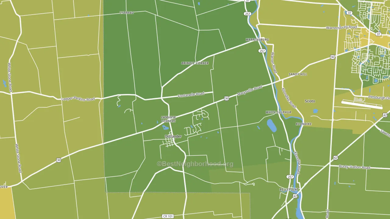Map of the best neighborhoods in the 43061 area, with better matches in green and worse matches in red