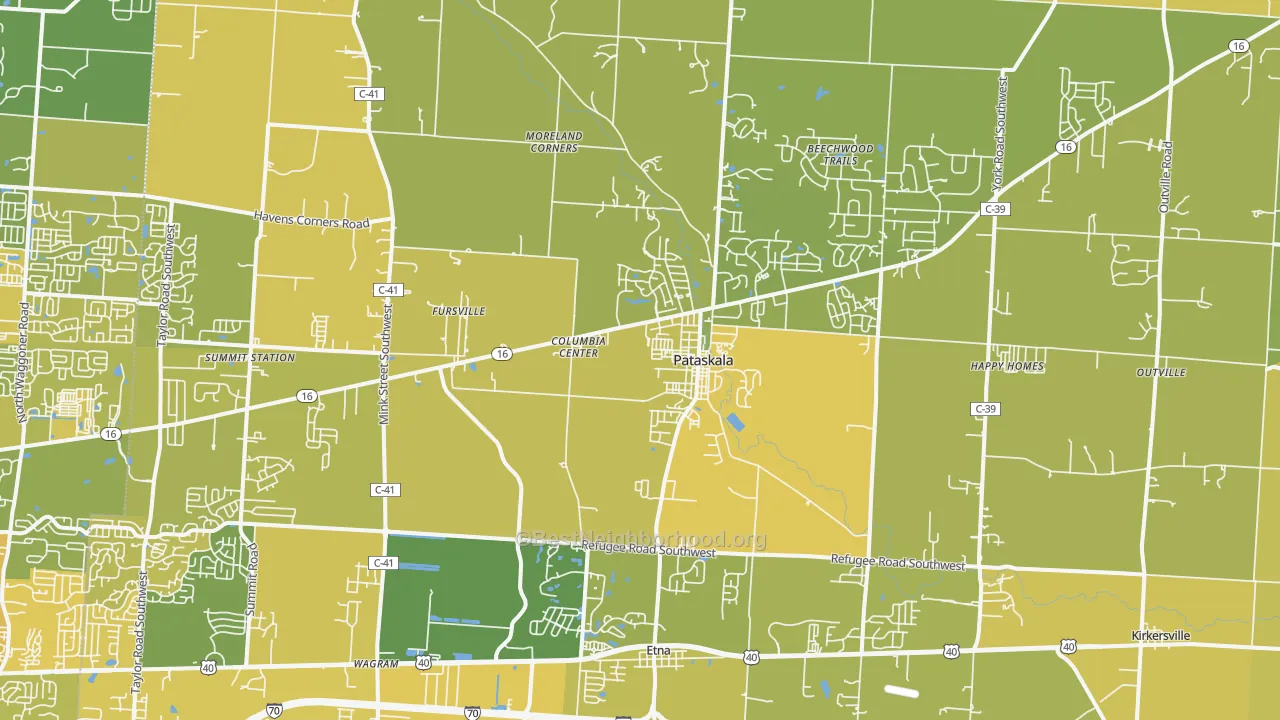 Map of the best neighborhoods in the 43062 area, with better matches in green and worse matches in red