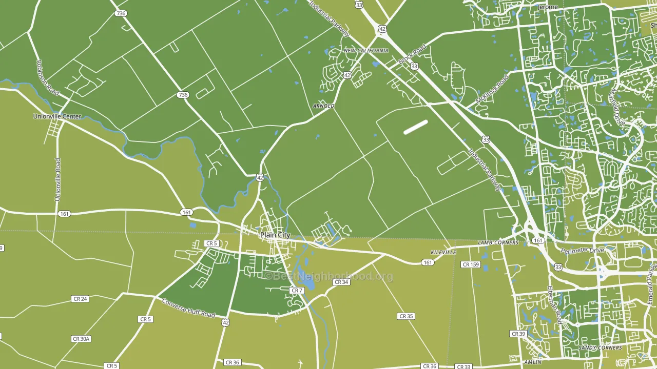 Map of the best neighborhoods in the 43064 area, with better matches in green and worse matches in red