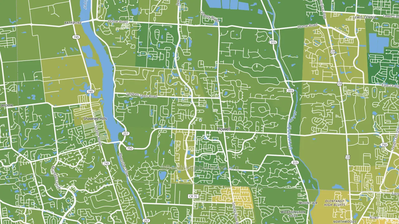 Map of the best neighborhoods in the 43065 area, with better matches in green and worse matches in red