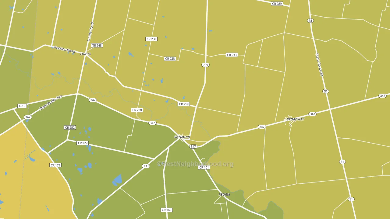 Map of the best neighborhoods in the 43067 area, with better matches in green and worse matches in red