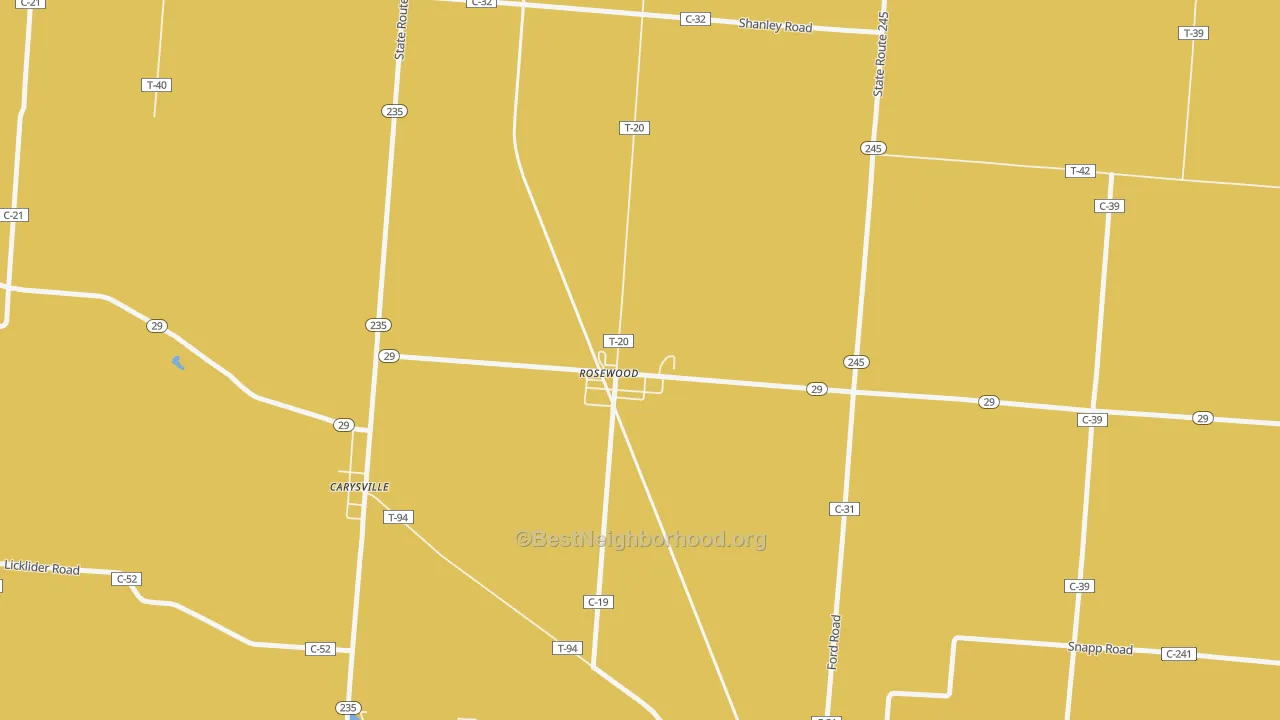 Map of the best neighborhoods in the 43070 area, with better matches in green and worse matches in red