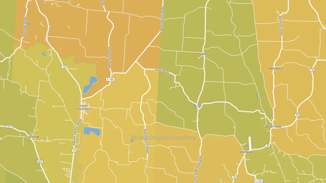Map of the best neighborhoods in the 43071 area, with better matches in green and worse matches in red
