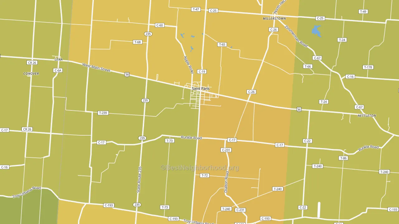 Map of the best neighborhoods in the 43072 area, with better matches in green and worse matches in red