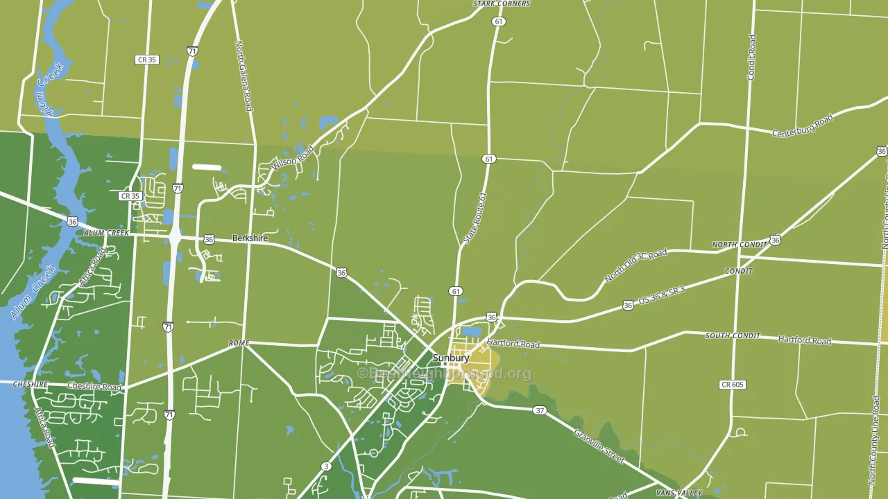 Map of the best neighborhoods in the 43074 area, with better matches in green and worse matches in red