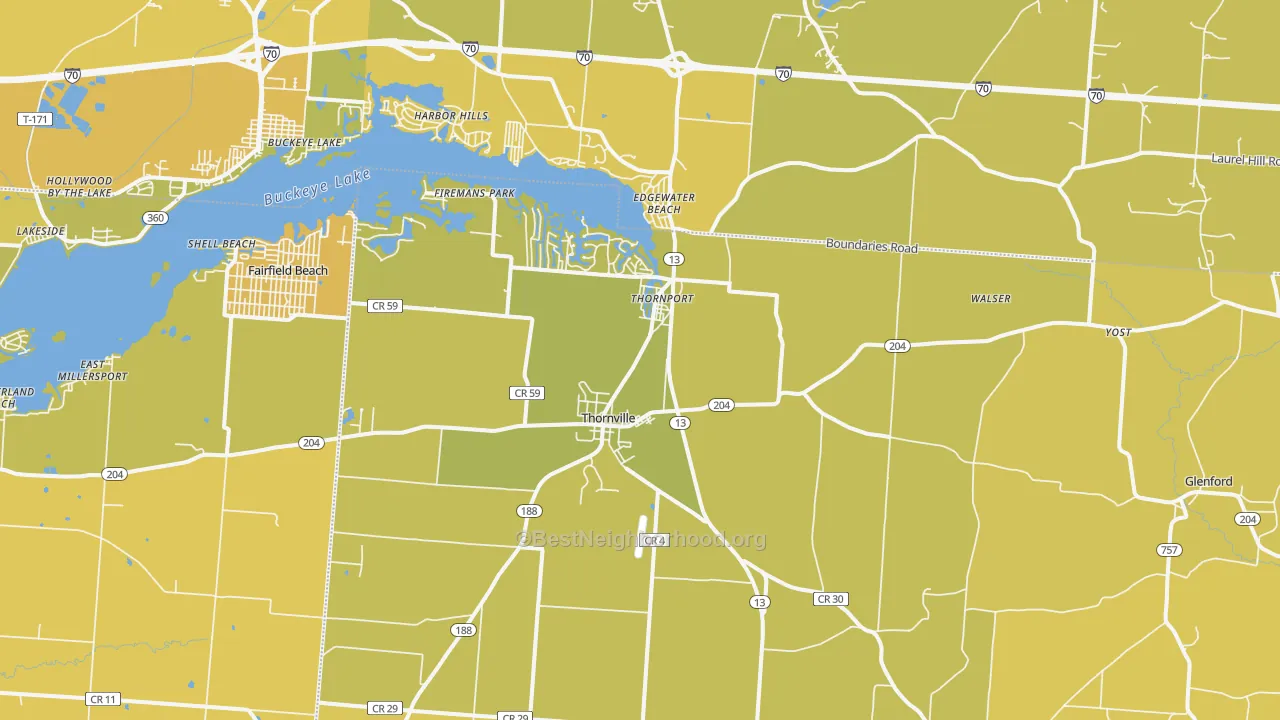 Map of the best neighborhoods in the 43076 area, with better matches in green and worse matches in red