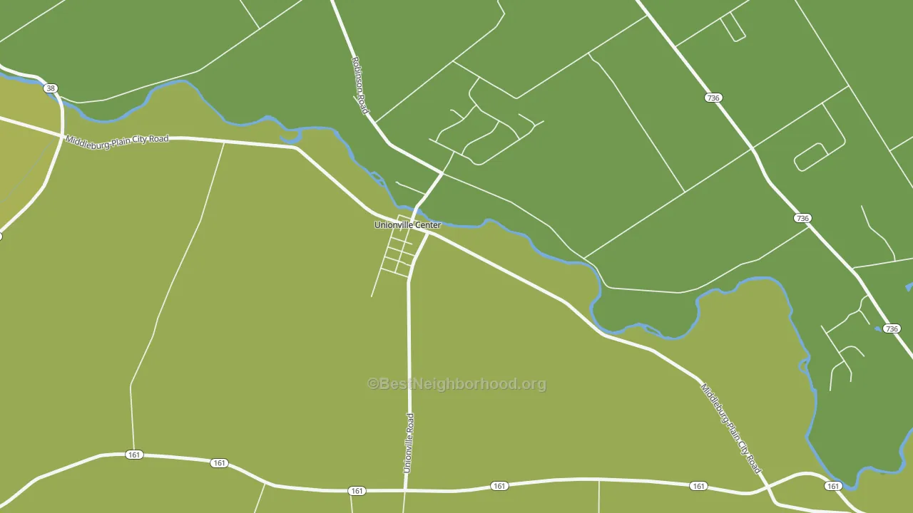 Map of the best neighborhoods in the 43077 area, with better matches in green and worse matches in red