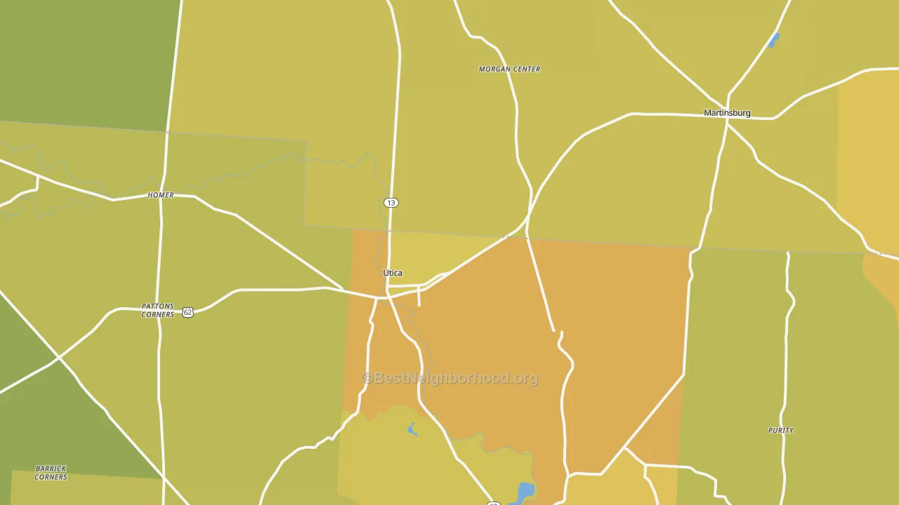 Map of the best neighborhoods in the 43080 area, with better matches in green and worse matches in red