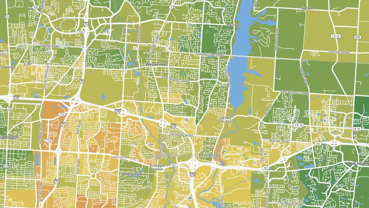 Map of the best neighborhoods in the 43081 area, with better matches in green and worse matches in red