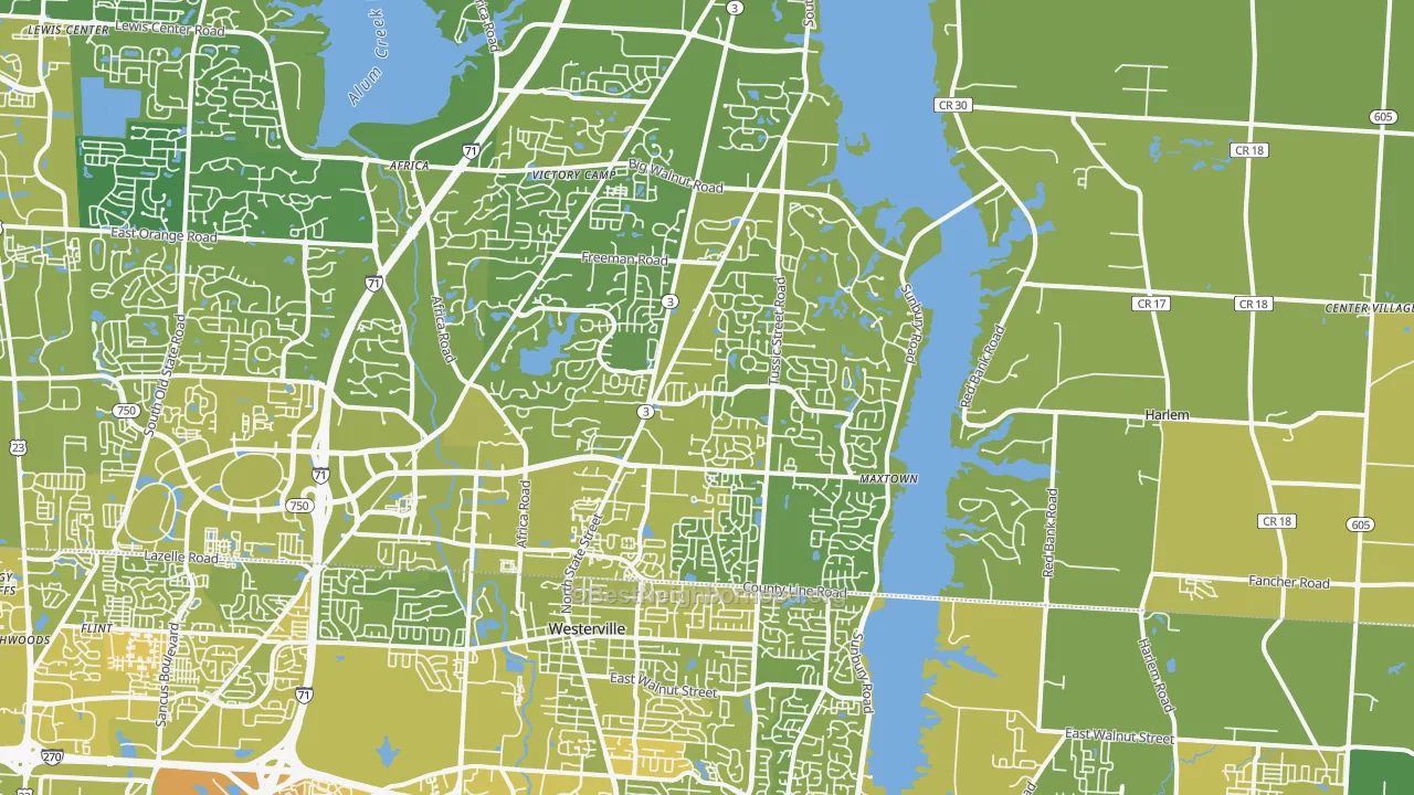 Map of the best neighborhoods in the 43082 area, with better matches in green and worse matches in red